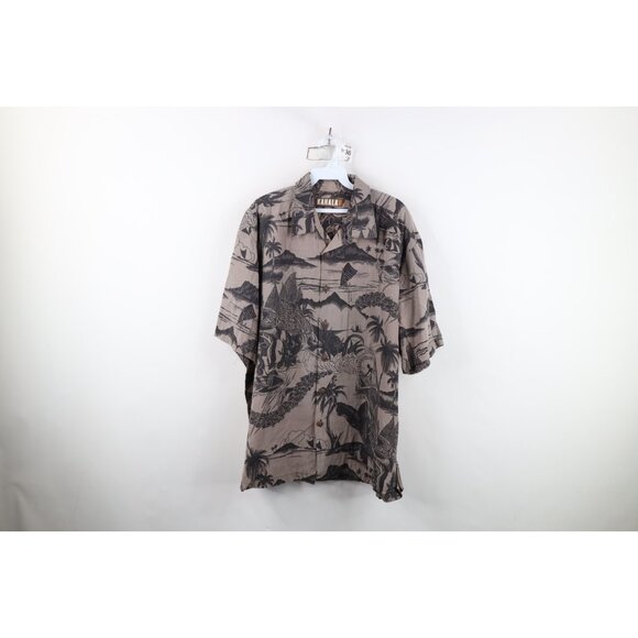 Vtg 90s Y2K Streetwear Mens XL Faded Linen Blend Fish Surf Hawaiian Button Shirt - Picture 1 of 15